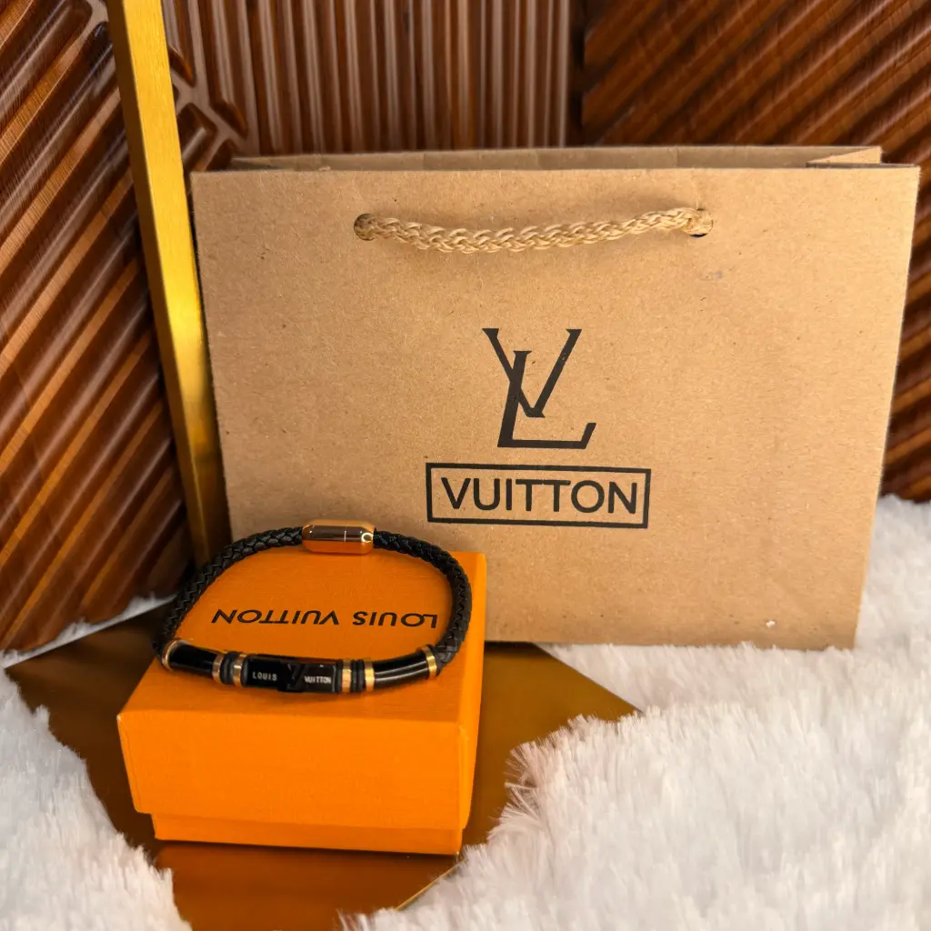 LV Pulsera de Cuero Trenzado Negra c/Dorado Rosa