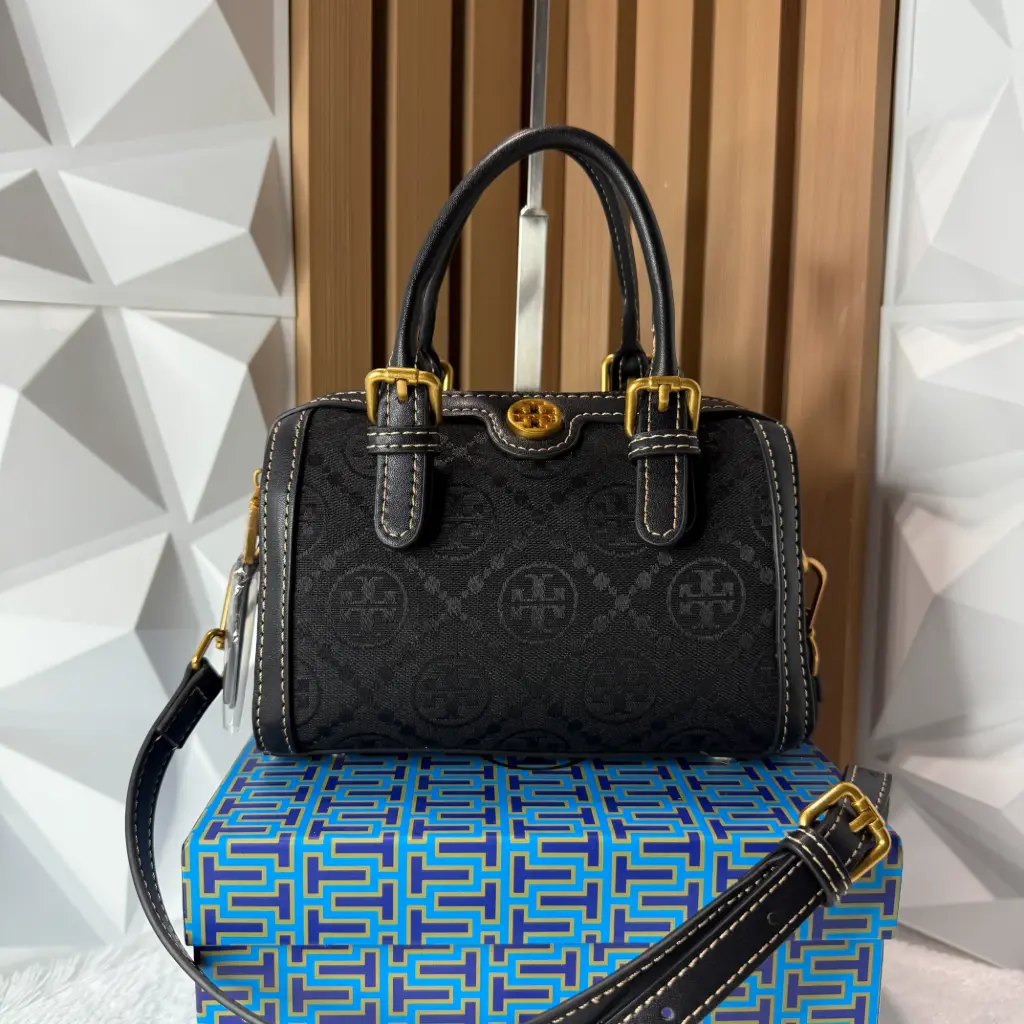 TORY BURCH Bolsa Mini Barrel T Monograma de Lona Negra