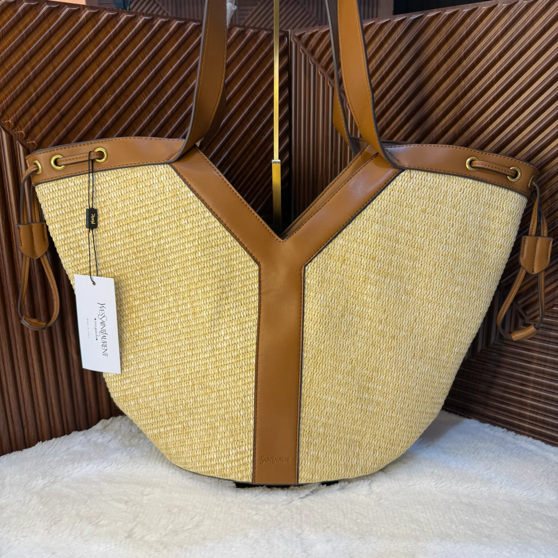YSL Bolso Tote ¨Y¨ Rafia con Café