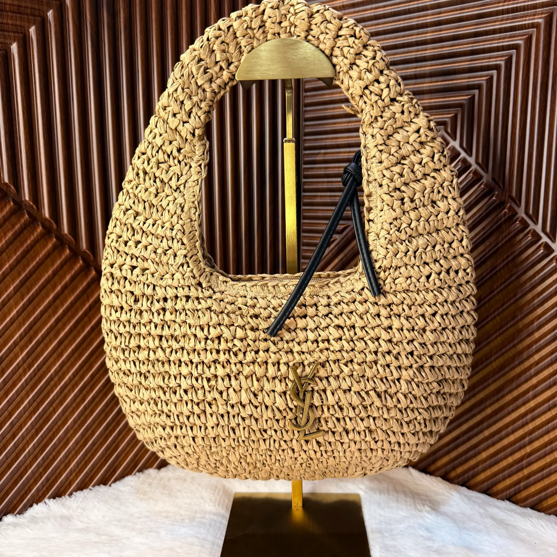 YSL Bolsa De Hombro Rafia Tejida Beige