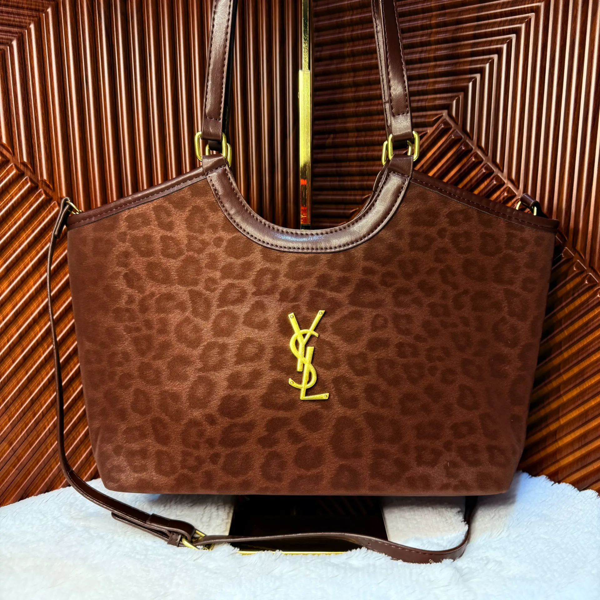 YSL Bolsa Shopping Icare Maxi Chica Café Leopardo