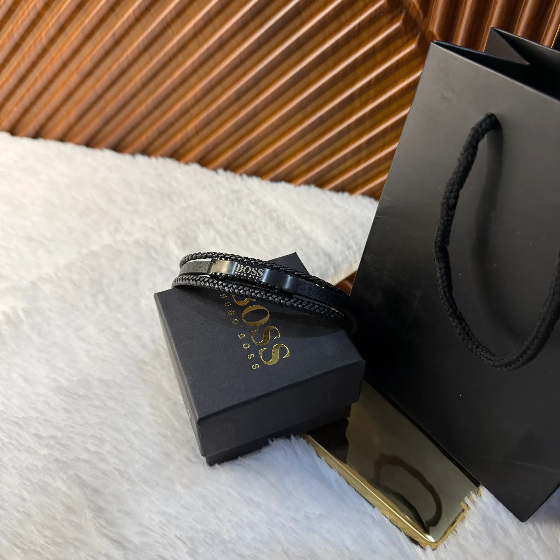 BOSS Pulsera de Cuero Trenzado Negra