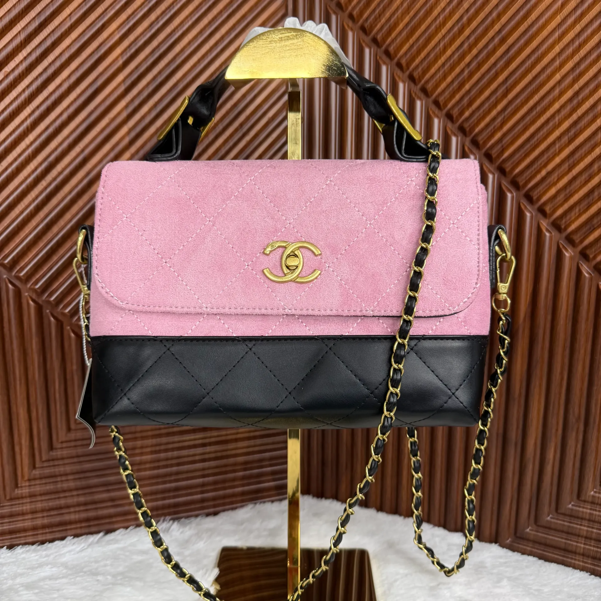 CHANEL Bolsa Handle de Gamuza Rosa