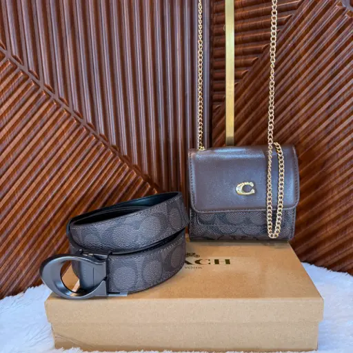 COACH Set Cartera Crossbody con Cinturón Café 