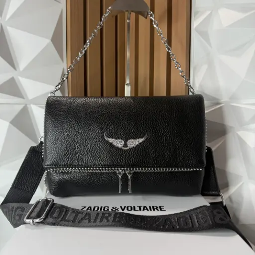ZADIG & VOLTAIRE Bolsa Rock Swing Granulada Negra c/plata